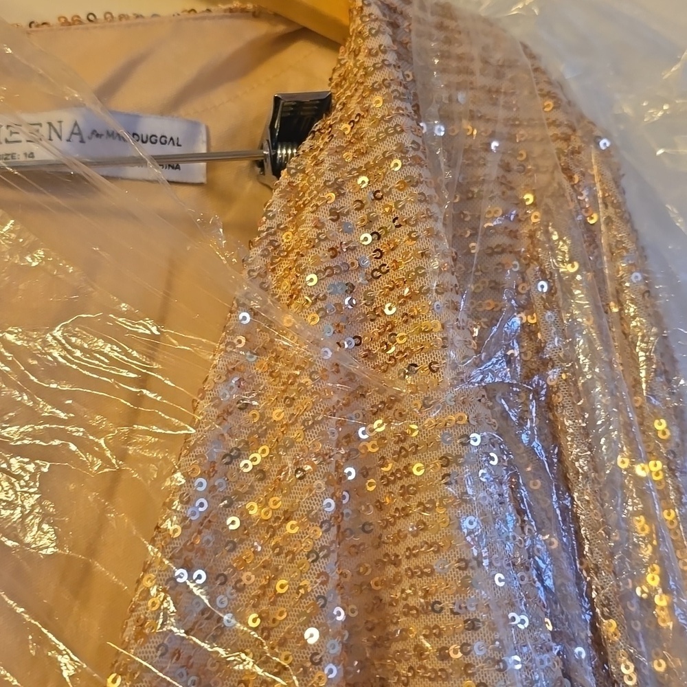 NWT! Ieena for Mac Duggal, Sequined High Low Front Twist Midi Dress, Rose Gold - Picture 6 of 10